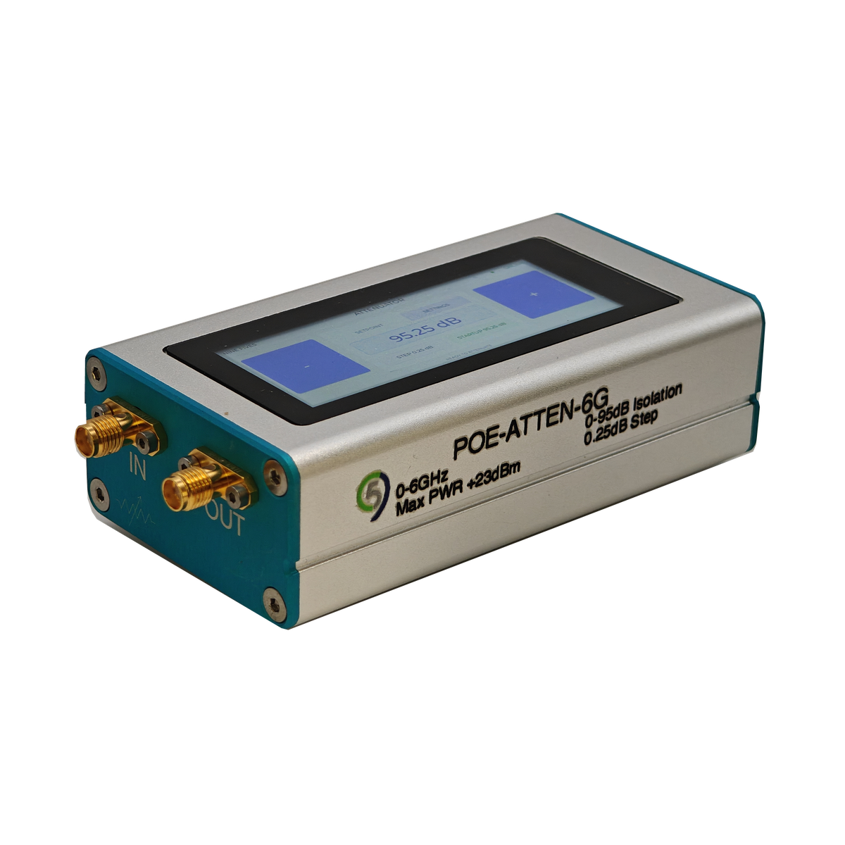 POE-ATTEN-6G programmable RF attenuator showing the touch screen and IN and OUT SMA female connectors from the default 3D viewer angle