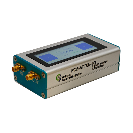 POE-ATTEN-6G programmable RF attenuator showing the touch screen and IN and OUT SMA female connectors from the default 3D viewer angle