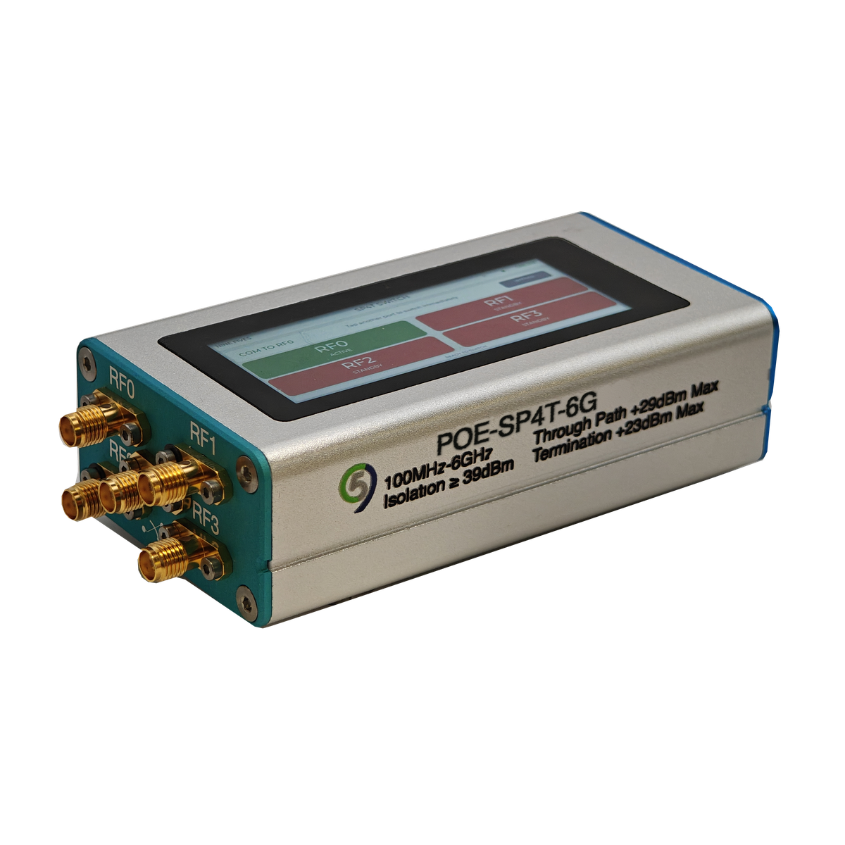 POE-SP4T-6G programmable RF switch showing the touch UI with RF0 active and the five SMA female RF ports from the default 3D viewer angle