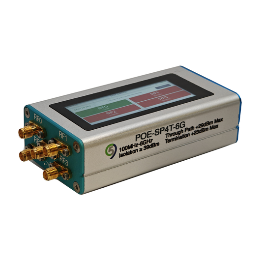 POE-SP4T-6G programmable RF switch showing the touch UI with RF0 active and the five SMA female RF ports from the default 3D viewer angle