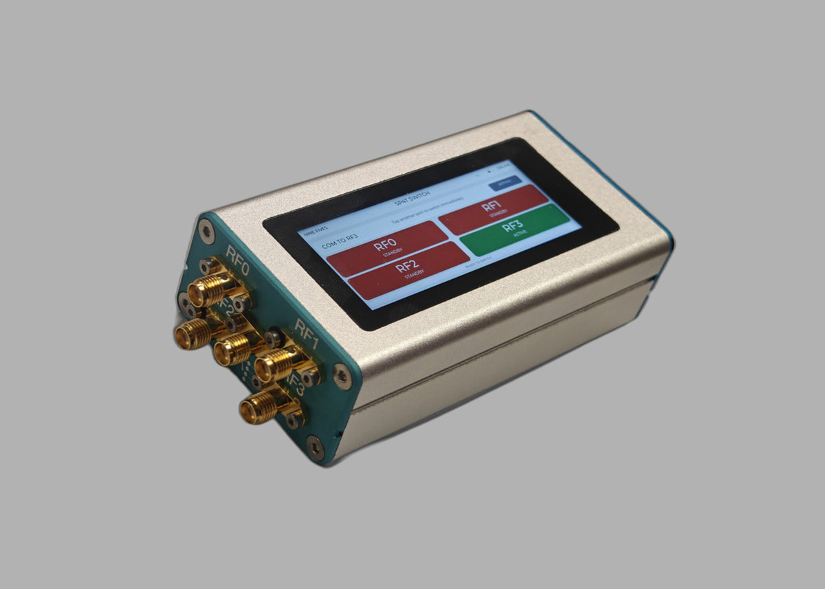 POE-SP4T-6G programmable RF switch showing the touch UI with COM routed to RF3 and the five SMA female RF ports
