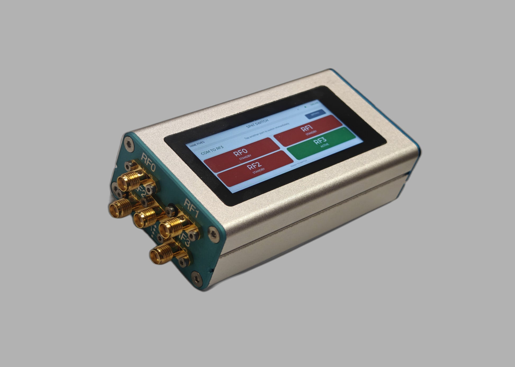 POE-SP4T-6G programmable RF switch showing the touch UI with COM routed to RF3 and the five SMA female RF ports
