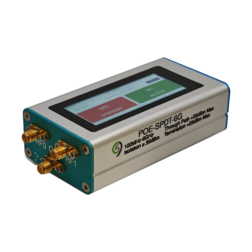 POE-SPDT-6G programmable RF switch showing the touch UI with COM routed to RF1 and the three SMA female RF ports