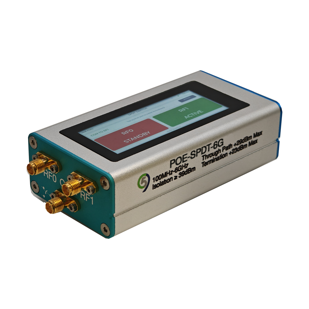 POE-SPDT-6G programmable RF switch showing the touch UI with COM routed to RF1 and the three SMA female RF ports