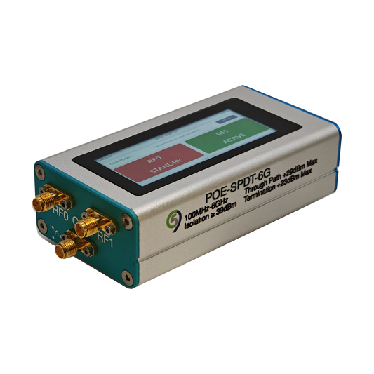 POE-SPDT-6G programmable RF switch showing the touch UI with COM routed to RF1 and the three SMA female RF ports
