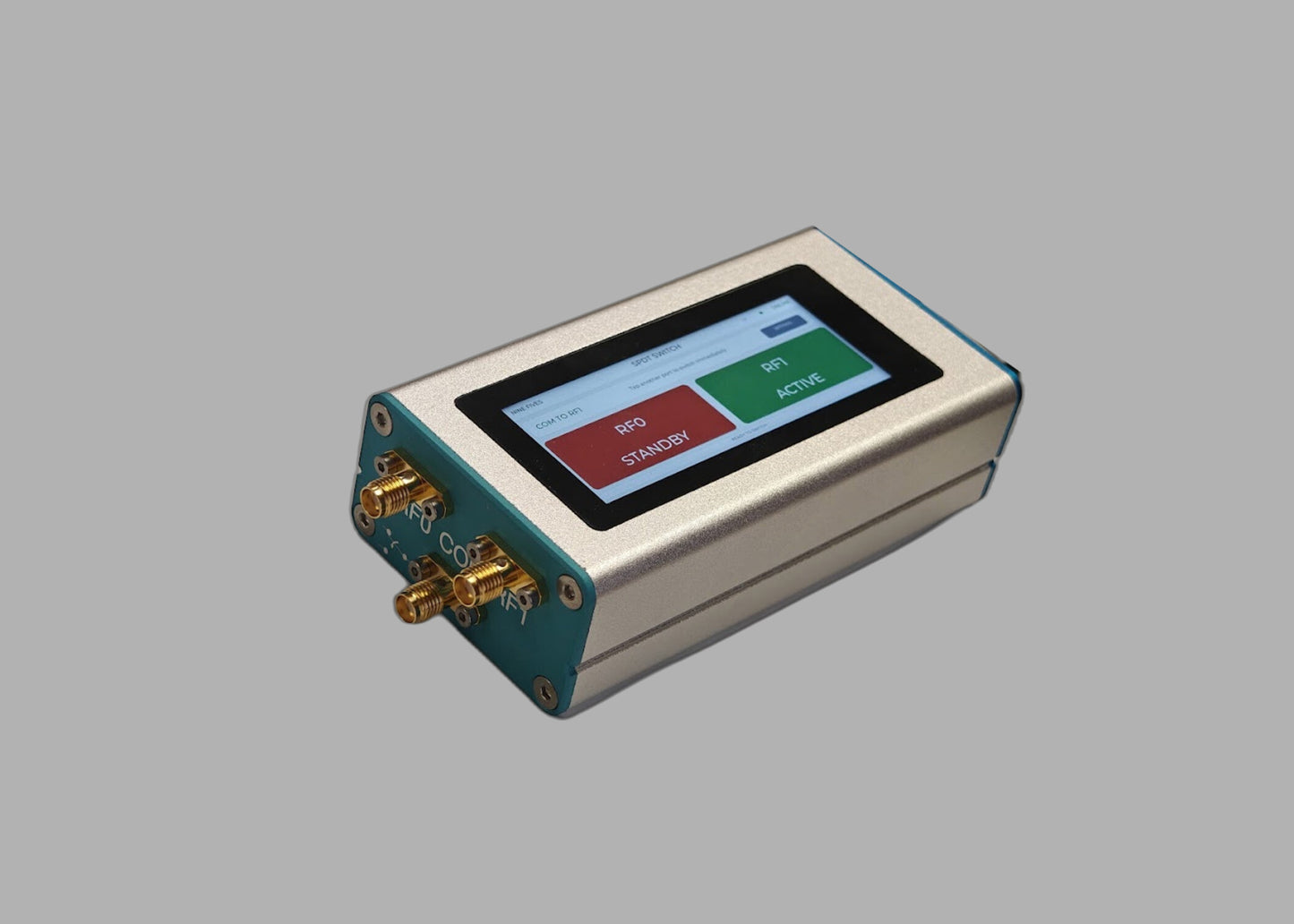 POE-SPDT-6G programmable RF switch showing the touch UI with COM routed to RF1 and the three SMA female RF ports