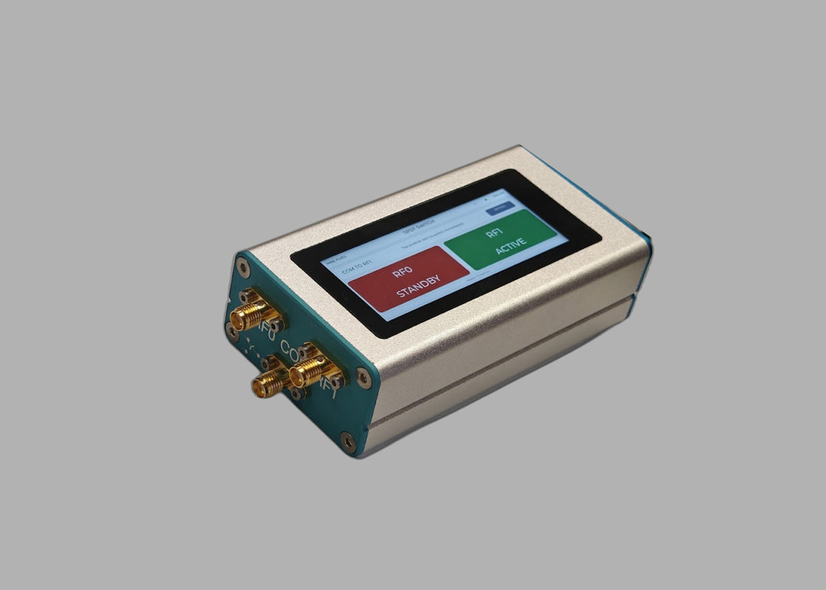 POE-SPDT-6G programmable RF switch showing the touch UI with COM routed to RF1 and the three SMA female RF ports