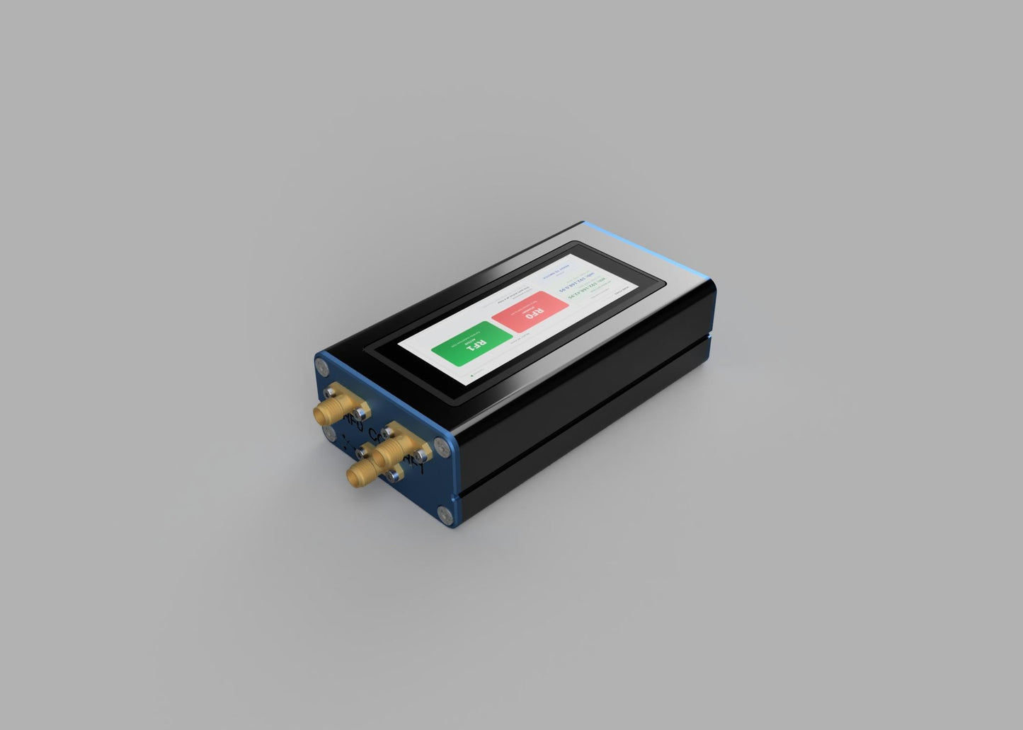 POE-SPDT-6G enclosure at an angle with the Common, RF0, and RF1 SMA connectors visible