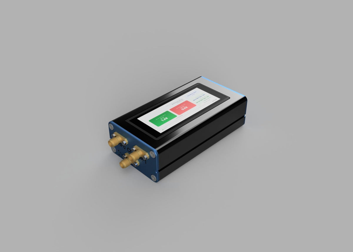 POE-SPDT-6G enclosure at an angle with the Common, RF0, and RF1 SMA connectors visible