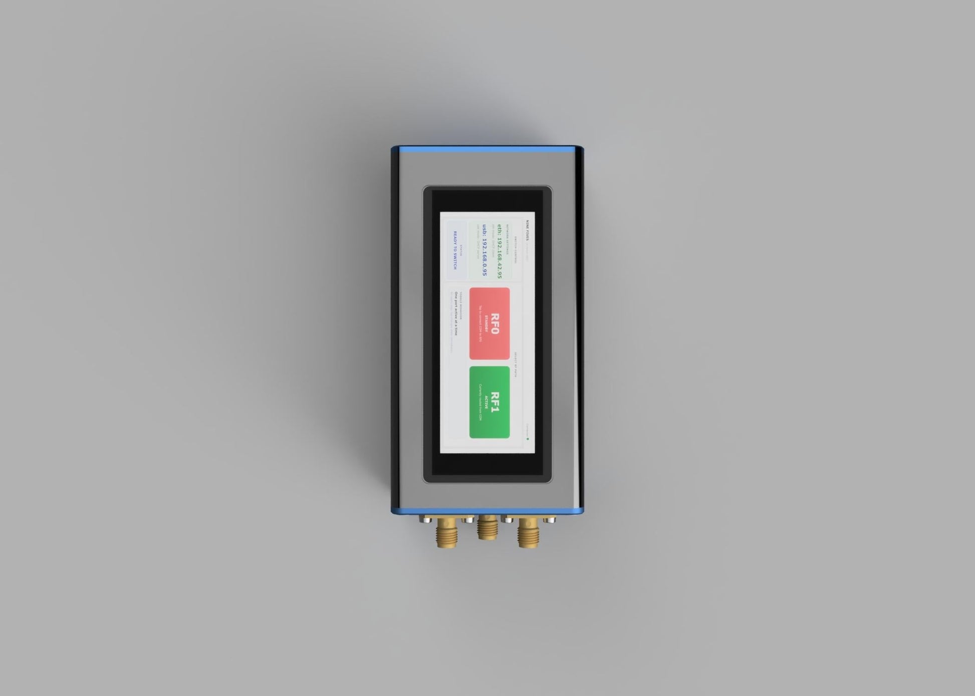 POE-SPDT-6G viewed from above showing the RF path selection touch screen and network settings