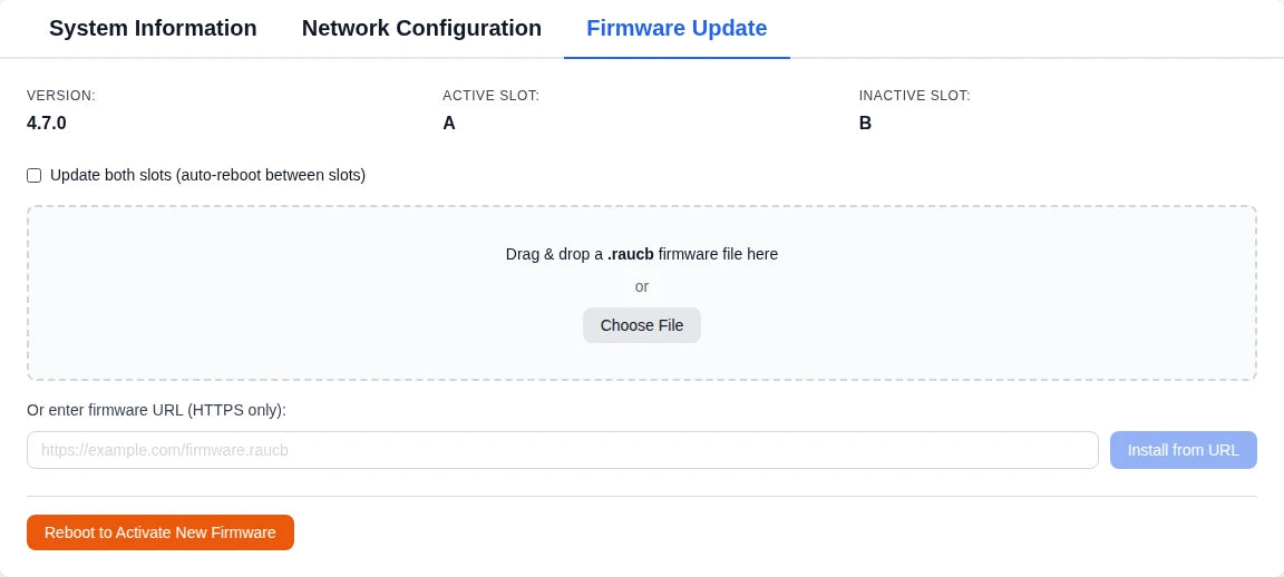 The Firmware Update tab after a single-slot update, with the Update both slots checkbox unchecked and a Reboot to Activate New Firmware button below the upload controls.