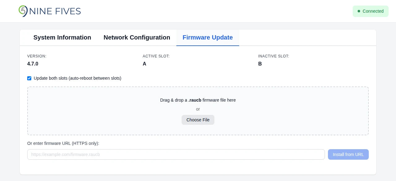 The Firmware Update tab of a Nine Fives device running firmware 4.7.0: version and slot information, a checked Update both slots checkbox, a drag-and-drop upload area with a Choose File button, and a firmware URL field with an Install from URL button.